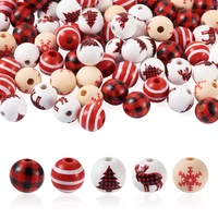 100pcs christmas prints natural wooden beads snowflake elk red plaid wood beads for xmas decoration garland jewelry making diy