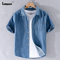 plus size 3xl mens single breasted shirt demin blue tops streetwear 2021 autumn short sleeve casual blouse sexy men clothing
