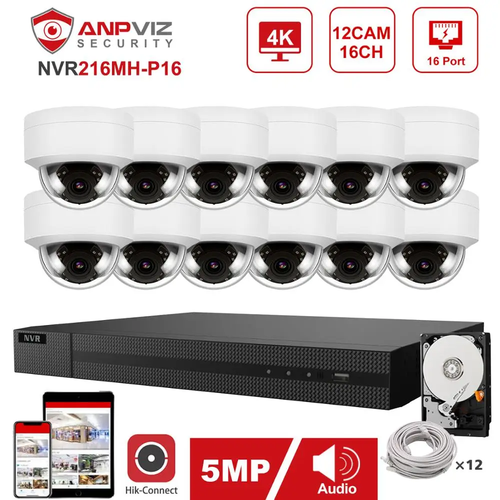 Hikvision OEM 16CH 4K NVR Kit Anpviz 12pcs 5MP POE IP Camera System Indoor/Outdoor CCTV Security IP66 30m|Система наблюдения| |