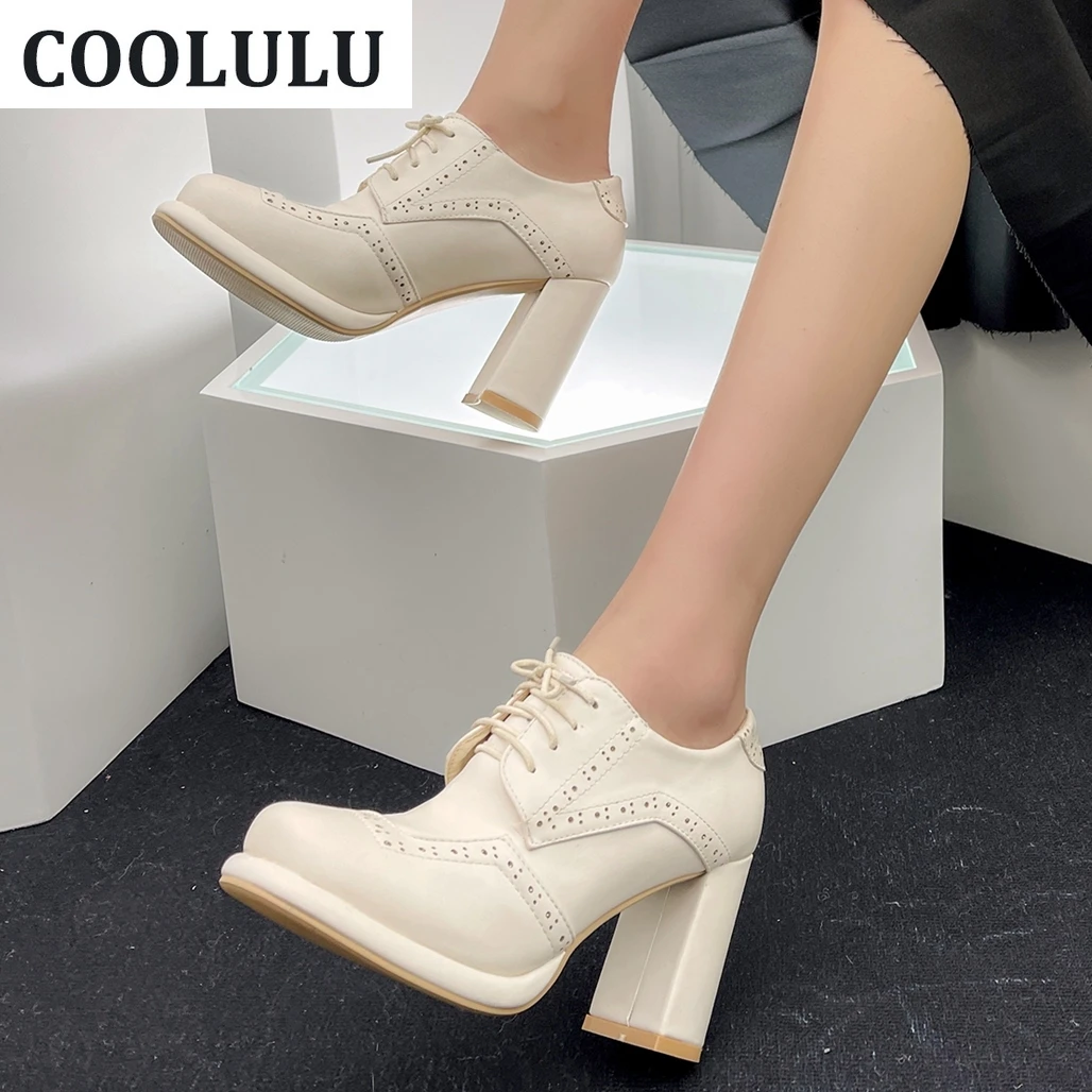 

COOLULU Lace Up Oxford Pumps Chunky High Heel Wingtip Pumps Shoes Platform Square Toe Casual Women Shoes Ladies Dress Shoes