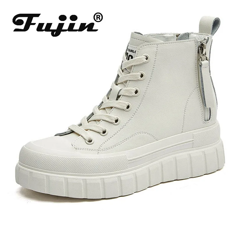 

Fujin Women Ankle Boots Genuine Leather 7cm Platform Wedge Hidden Heel Women Martin Boots Shoes Chunky Sneakers Zipper Lace Up