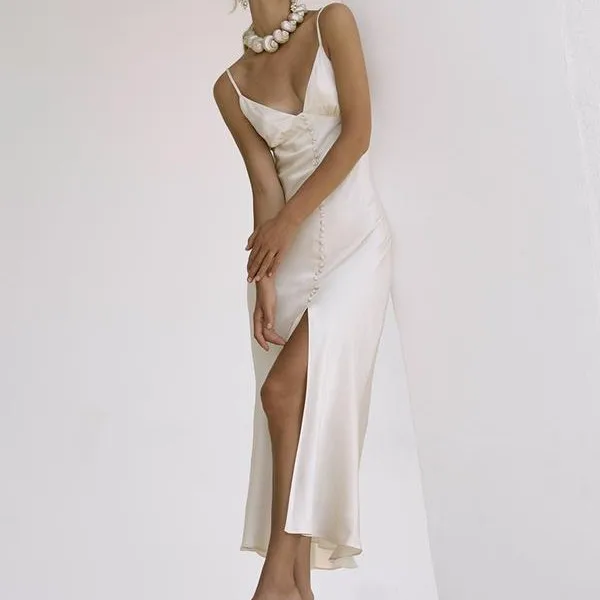 

Women's Satin Dress 2021 Female Robe Vintage Clothes Sleeveless Backless Holiday Party Elegant White Summer Maxi Dresses Light