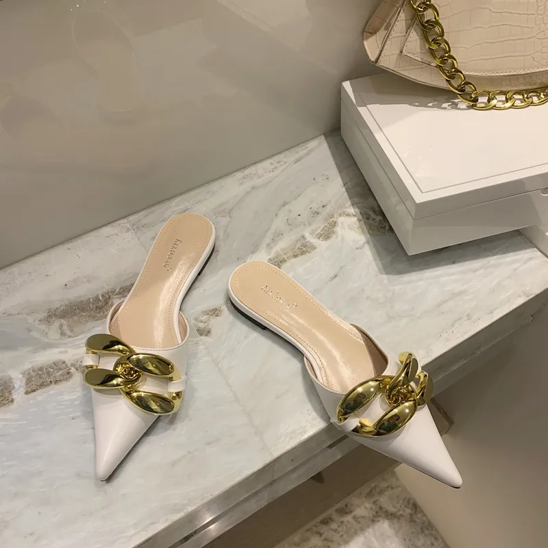 

Slippers Women Summer Pointed Toe Rivet Female Shoes Luxury Slides Low 2021 Flat Designer Hoof Heels Basic Rome PU Fabric Fashio