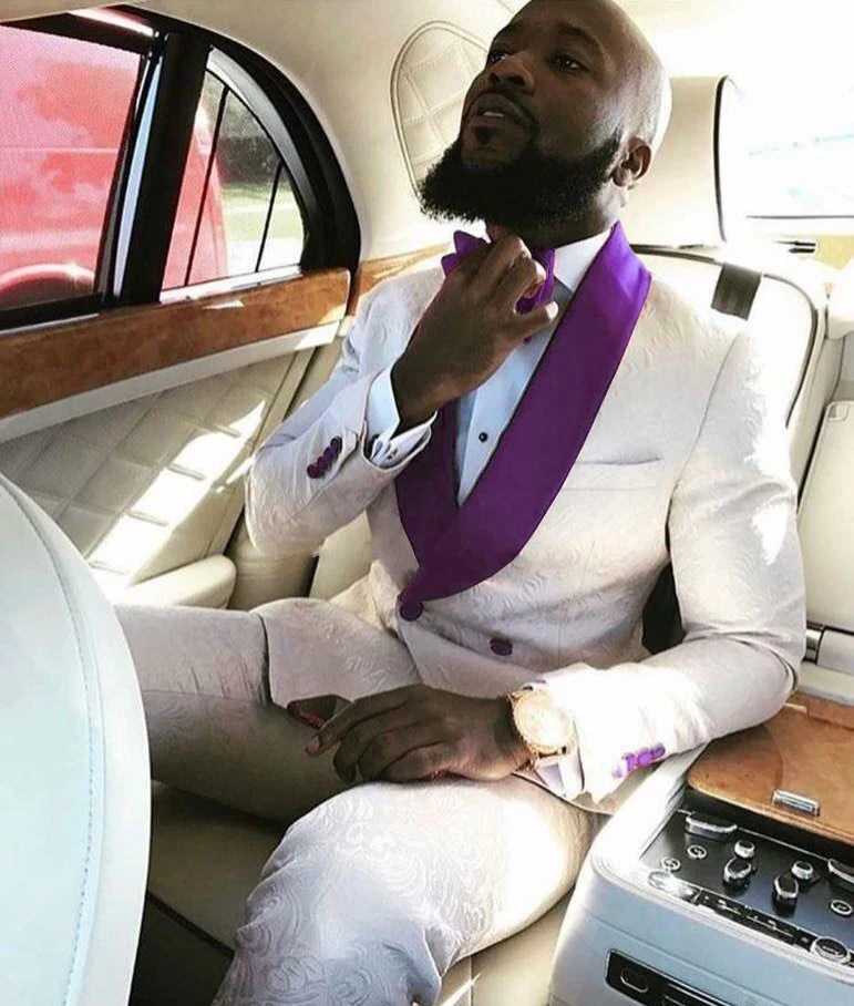 ANNIEBRITNEY Белый Жаккардовый стиль для мужчин мужские костюмы смокинги с золотым