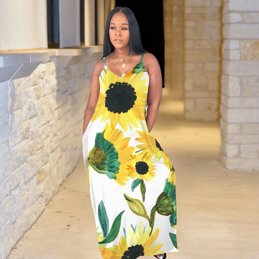 Женское платье в африканском стиле летнее богемном с принтом подсолнуха |