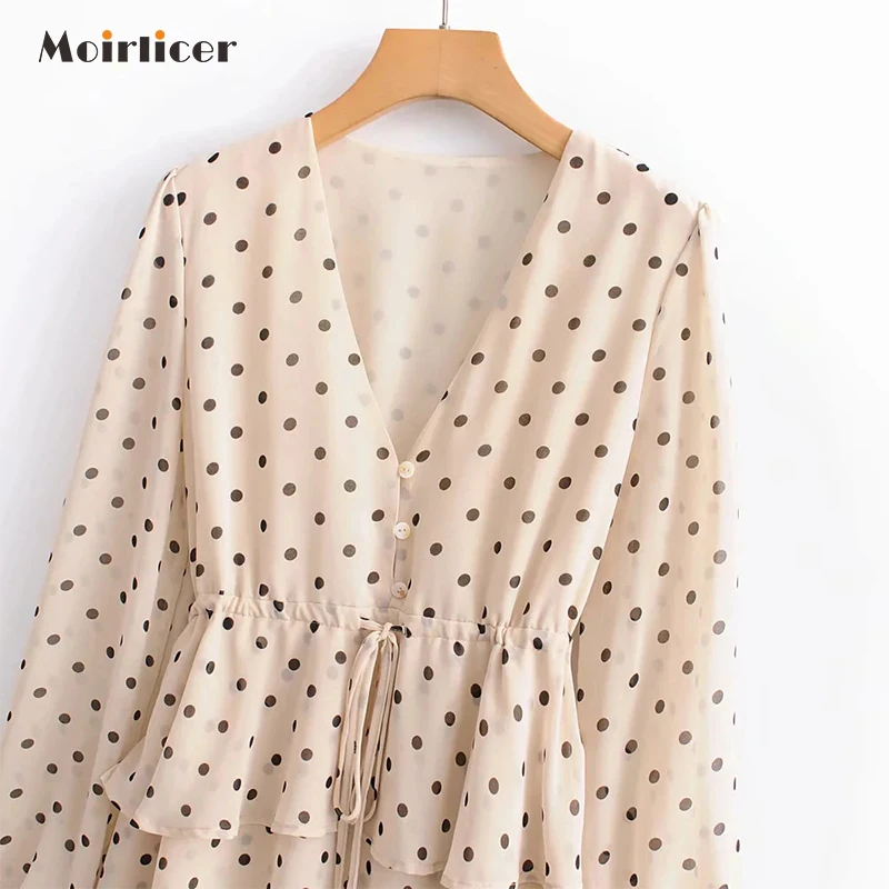 Женское длинное платье в горошек зимнее макси с длинным рукавом v образным