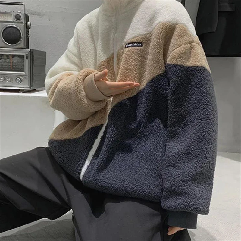 Autumn Winter New Style Men Coats Fashion Warm Lamb Wool Coat Warm Cotton Clothes Male Loose Stand-up Collar Zipper Tops 2021