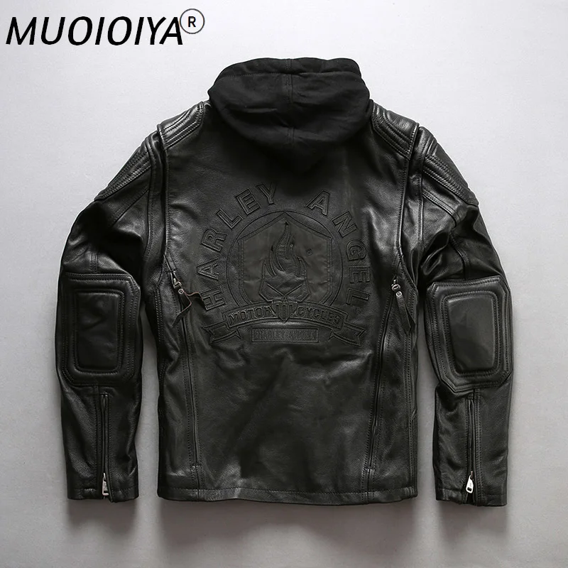 

ANGEL 2021 New Men Black Professional Motorcycle Leather Jacket Fashion Thick Cowskin Hooded Winter Russia Coats