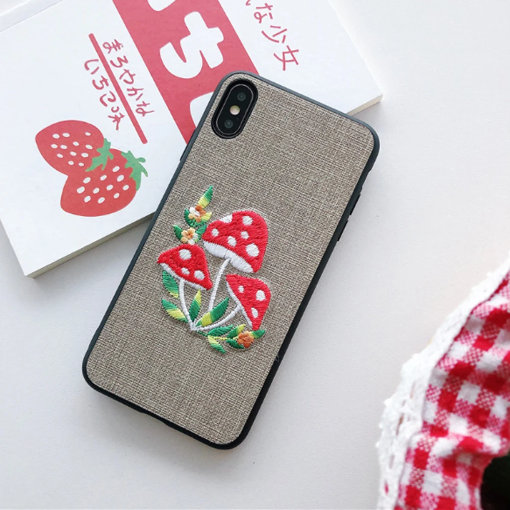 

2021 Popular Style For iphone 6 6s 7 8 Plus X XR XS 11 Pro Max Cute Embroidery Mushroom TPU Phone Case