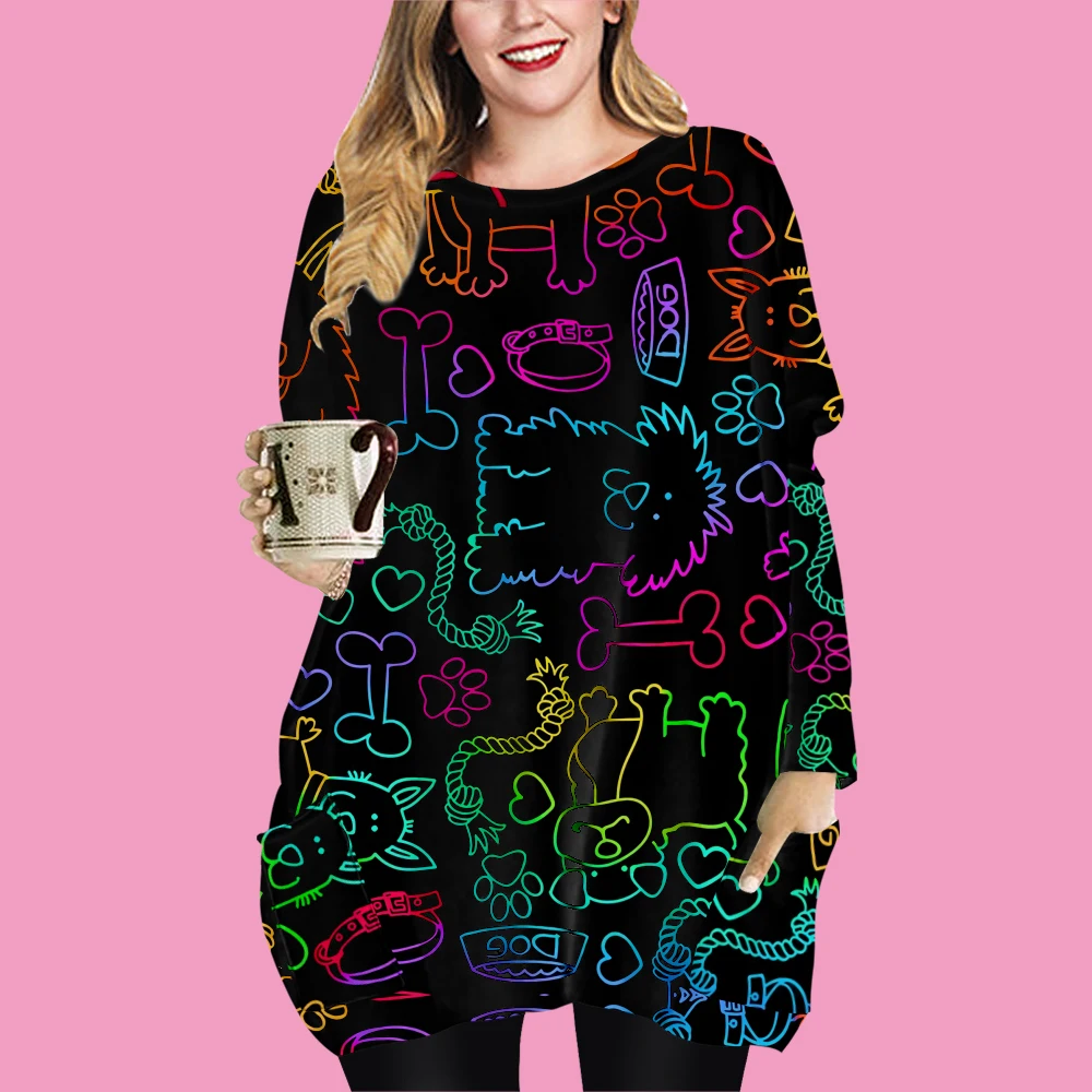 

6XL Tops For Women Loose Cat Dog Print Mini Dresses O-neck Oversize Beach Dress Blouse Long Sleeve Blouse Streetwear 6XL