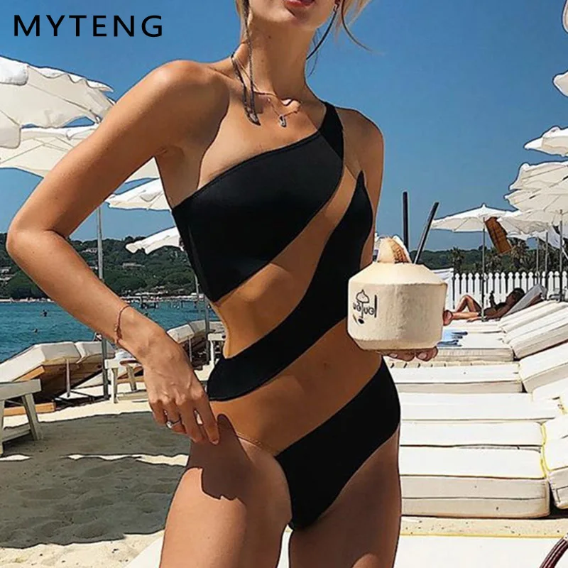 Сексуальный прозрачный сетчатый слитный купальник бикини 20220 на одно плечо