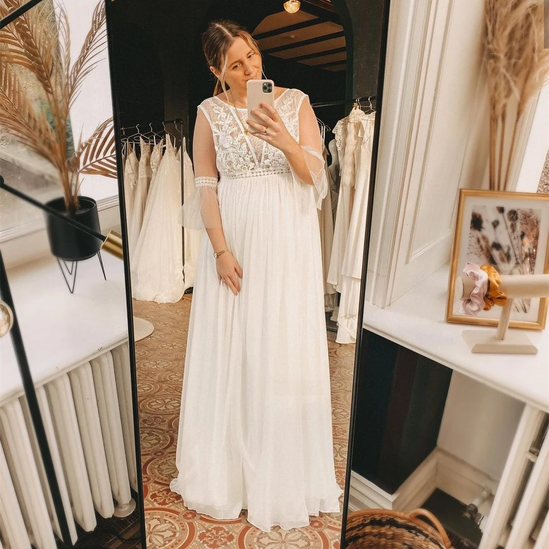 

Bohemian Wedding Dress 2021 Pregnant 3/4 Sleeve Lace A-line Court Train Robe De Mariee Bridal Gown High Quality Chiffon Cheap