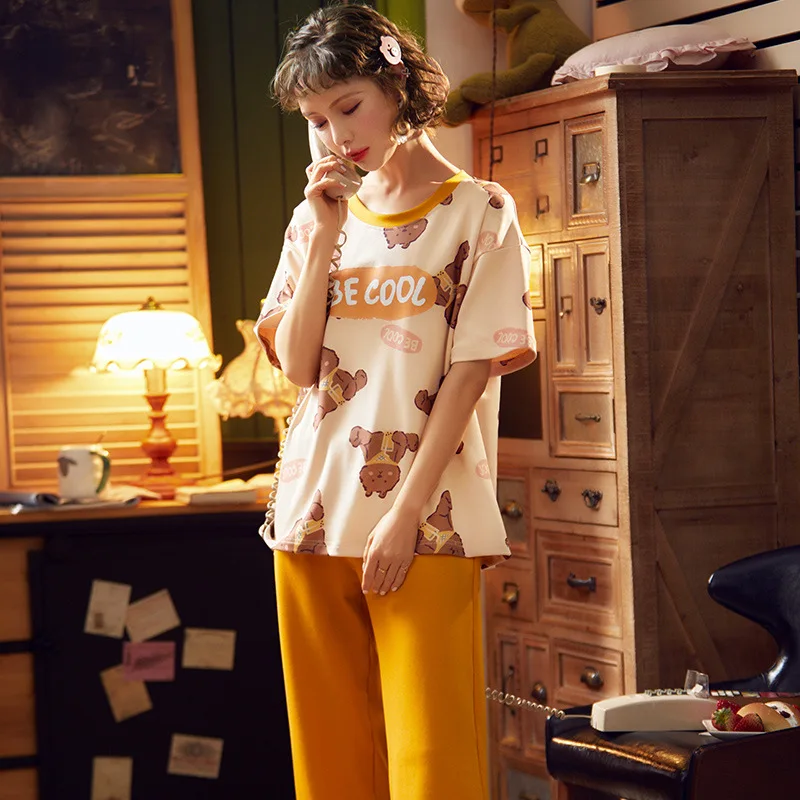 

Knitted Cotton Cartoon Bear Pattern Women 2 Pieces Pajamas Sets Girlfriend Gift Sleepwear Homewear Sexy Lingerie Short Sleeve