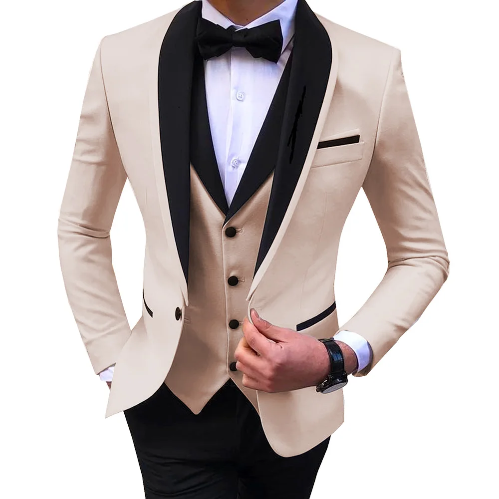 3 Pieces Formal  Men Suit Slim Fit Business Beige Suits Groom Champagne Tuxedos for Wedding Suit (Blazer+Pants+Vest)