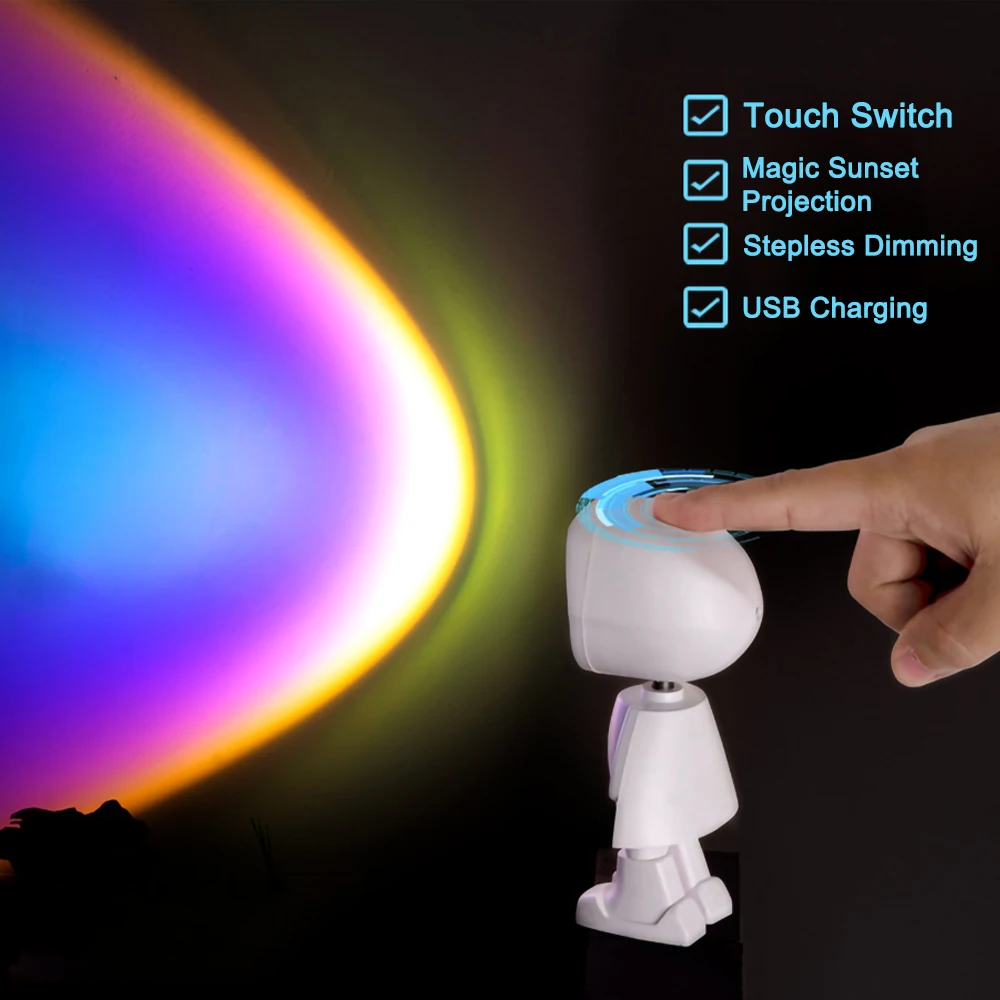 

Robot Sunset Starry Projector Lamp USB LED Night Light Rainbow Touch Sensor Switch For Bed Room Wall Decorative Table Lamp Kids