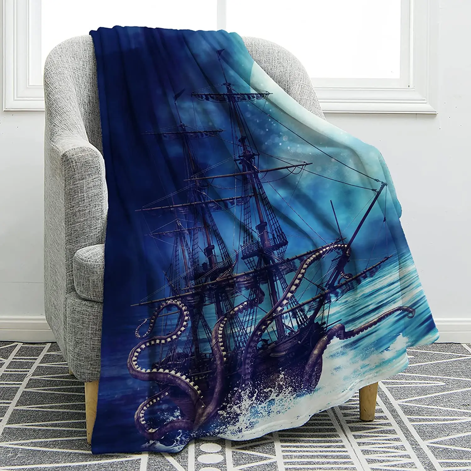

Pirate Ship Blanket Octopus Tentacles Sailboat Wave Print Throw Blanket Lightweight Cozy Soft Print Warm for Kids Teens Gift