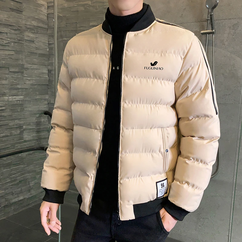 Down jacket brand stand collar casual side sewn pocket zipper in solid color winter cotton padded coats for men