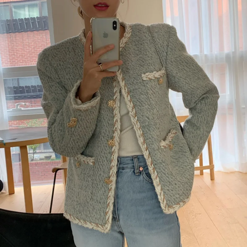 

Female Korean Elegant Jacket Simple Wool Coat with Buttons Urban Mode