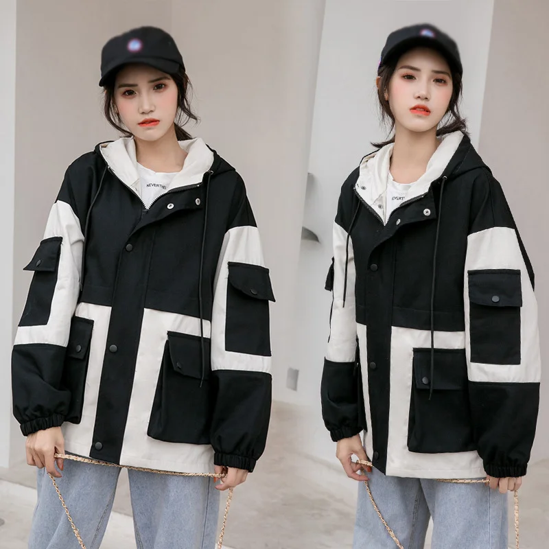 

Autumn BF Style Zipper Women's Hooded Jacket Loose Drawstring Pockets Long Sleeve Female Jackets 2020 New Korean Ladies Coat