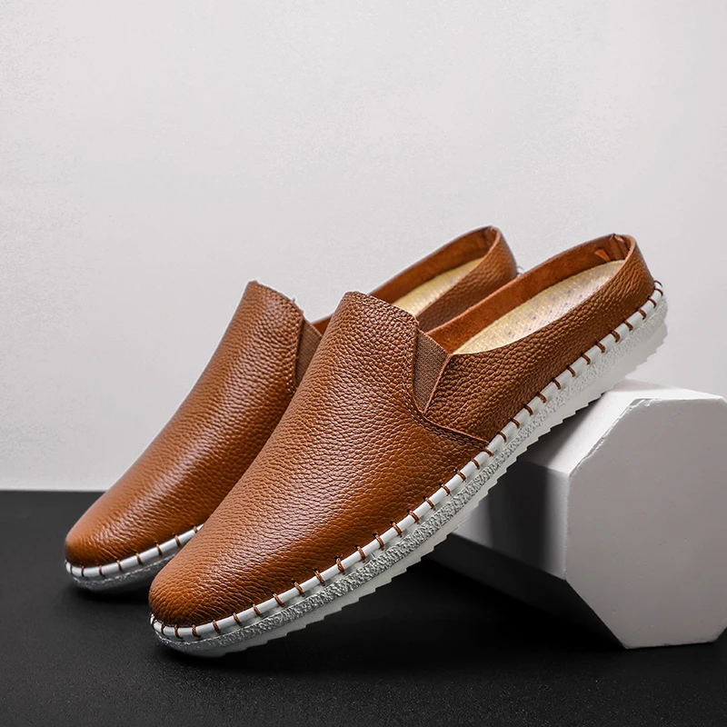 

Man Summer Fashion Handsewn Cow Split Casual Mules Male Breathable Half Loafer Slippers Hombre Leather Comfy Flat Half Mocassins