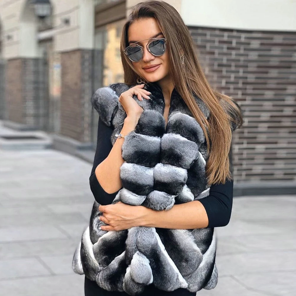 Luxury Women Real Rex Rabbit Fur Vest Stand Collar 2022 Winter New Full Pelt Genuine Chinchilla Color Rex Rabbit Fur Vests Woman