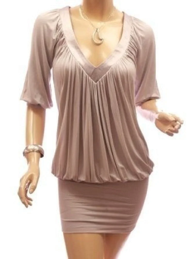 2020 Women's Fashion V-neck Half Sleeve Pleated Pure Color Slim Hip Package Sexy Mini Women Dress | Женская одежда