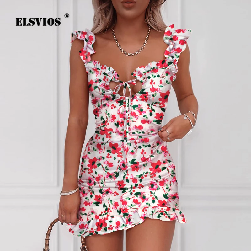 

Женское летнее платье с цветочным принтом и оборками, элегантное вечернее платье на бретелях-спагетти без рукавов с V-образным вырезом, 2020