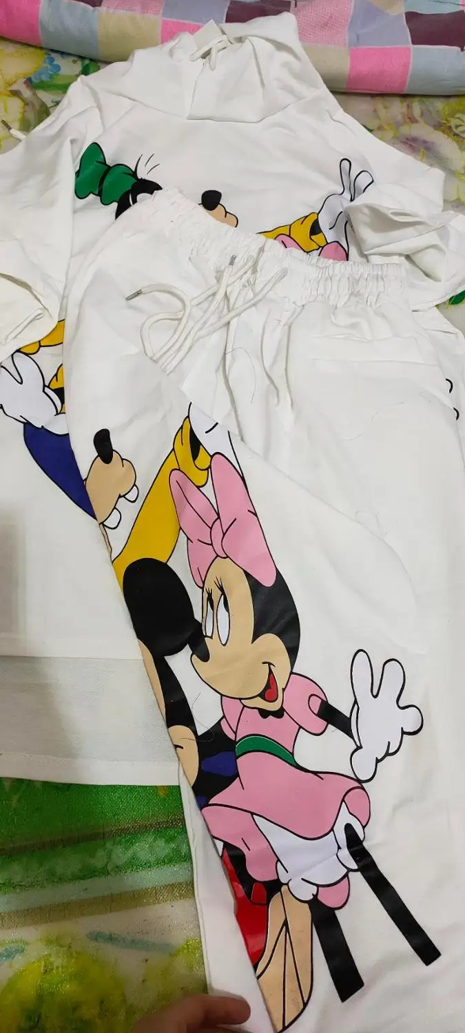 Spring Summer Loose 2 Pieces Women's Cute Cartoon Print Tracksuits Twinsets Hooded Blouses Tops And Casual Pants Suits NS680 | Женская