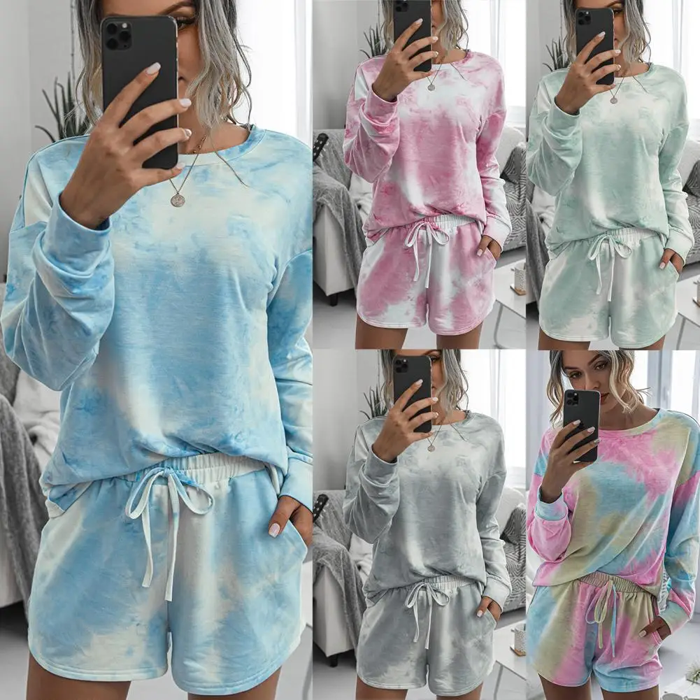 

Women Casual Tie Dye Homewear Set Blouse Drawstring Shorts Loungewear Pajamas Homewear Nightwear Pijama Sleepwear