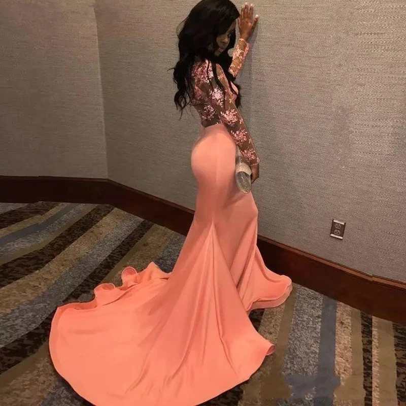 

Sexy Africam Mermaid Dubai Orange Long Appliqued Evening Dresses Satin Full Sleeves Prom Dress For Black Girls Party Gowns