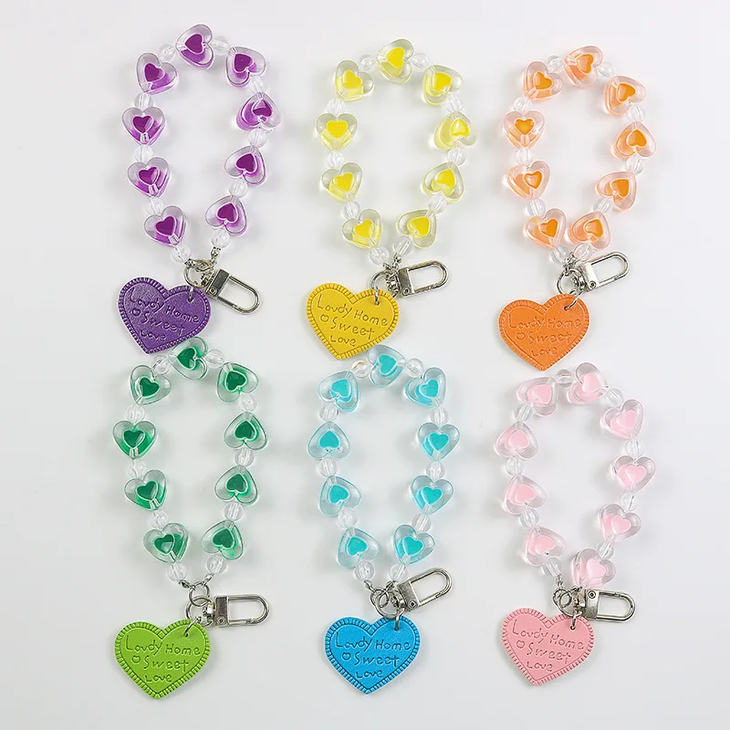 

Cute Candy Color Heart Beads Lanyards KeyChains For Women Keyring Car Keychain Bag Backpack Decor Case Pendent Graduate Gifts