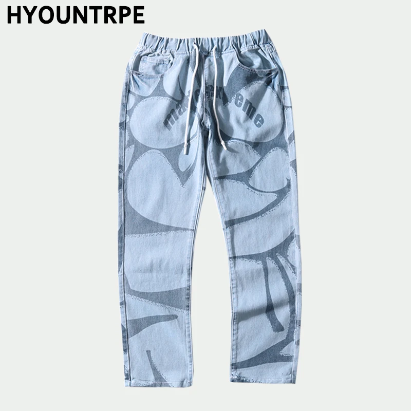 Irregular Geometric Printed Denim Jeans Men Elastic Waist Drewstring Straight Pant Hip Hop Streetwear Autumn Winter Pants Jogger | Мужская
