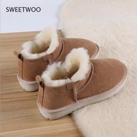 35 41new frosted cowhide snow boots women thick wool short tube leather boots shallow mouth non slip plus velvet cotton shoes