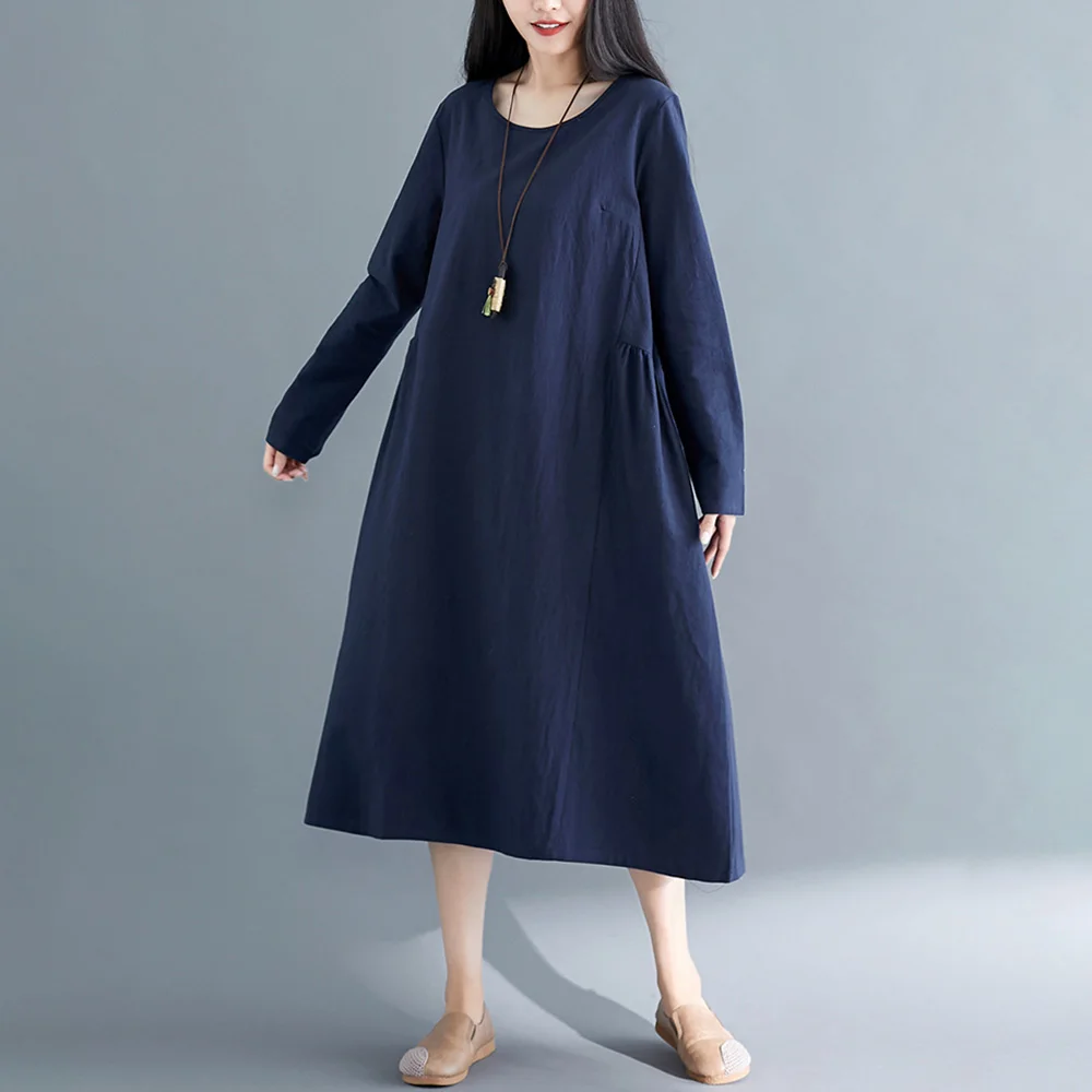 

Plus size women's plus size dress ladies spring 2020 new long sleeve dress casual art cotton and linen long dress