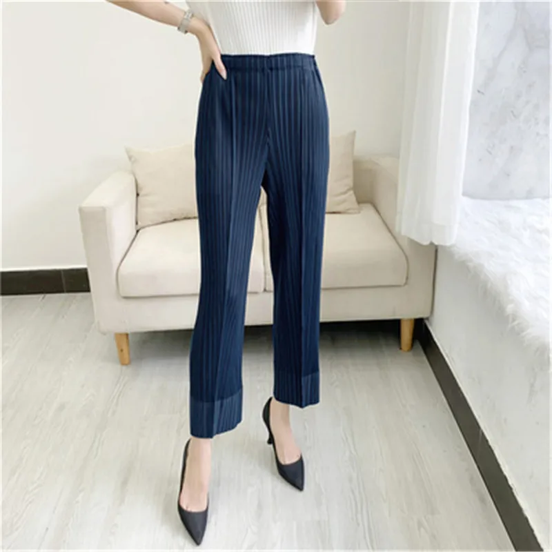 2021 new Miyake pleated pants elastic waist casual tapered cropped trousers high waist slimming pleated pants women