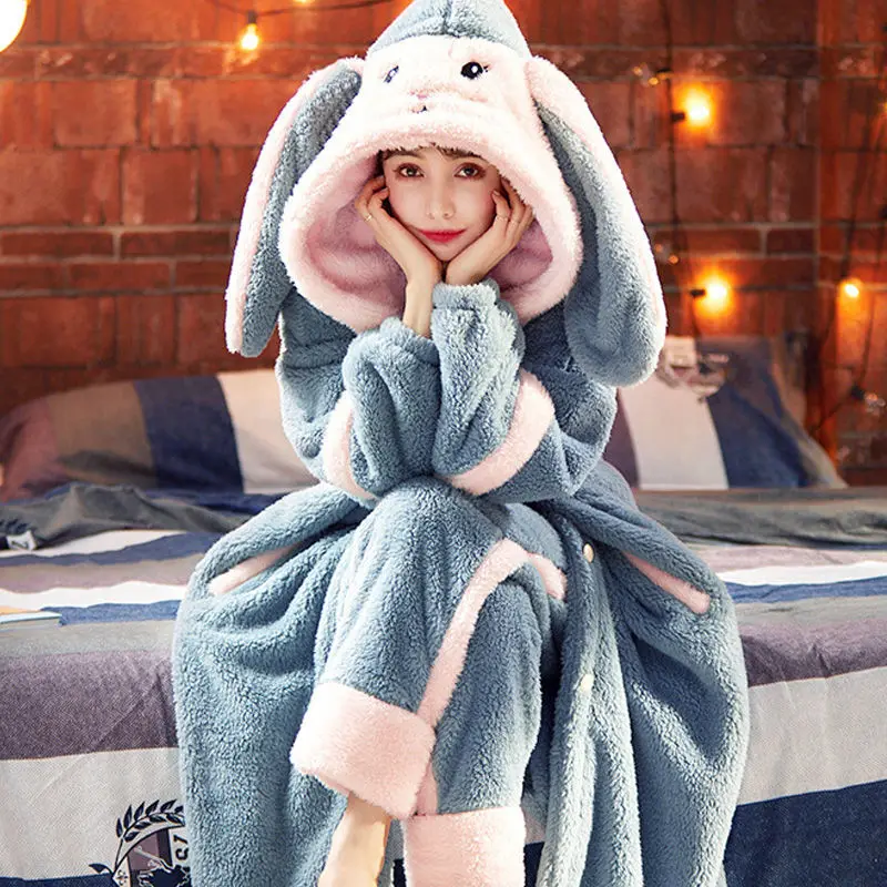 

Pajamas Women's Autumn and Winter Thickened Velvet Coral Velvet Cute Warm Facecloth Long Robe Loungewear Suit Bath