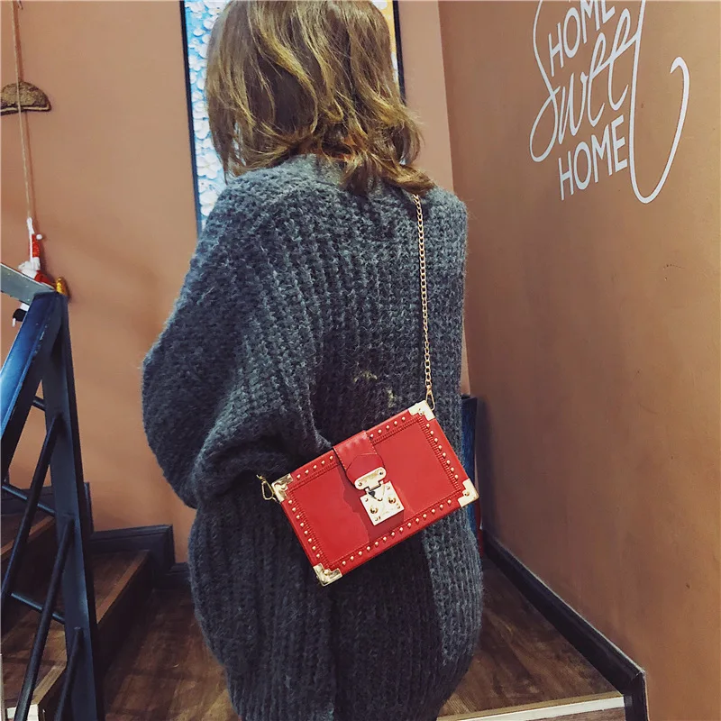 Fashion Vintage Rivet Designer Bag Box Style Buckle PU Women Clutch Bag Chain Purse Shoulder Bag Crossbody Small Flap Handbag