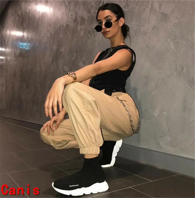 

Spring Simple black Khaki chain cargo pants women high waist trousers Solid color trousers pants women streetwear plus size Pant