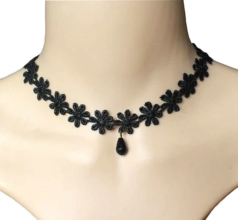 Черное Кружевное ожерелье чокер короткое милое с подвеской в виде капли воды