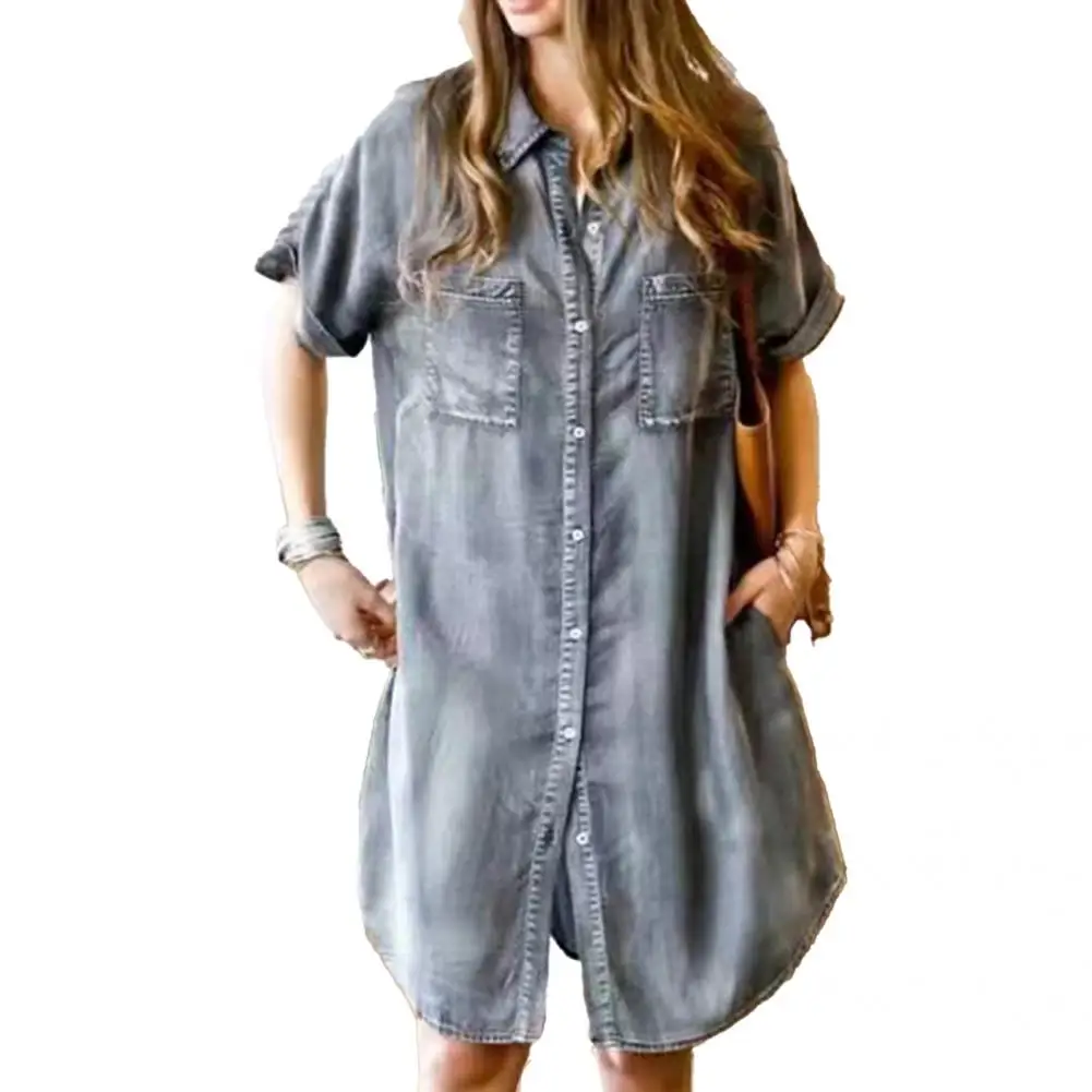 

Casual Popular Lapel Short Sleeve Mid Waist Dress Dress Denim Dress Lapel for Daily Wear