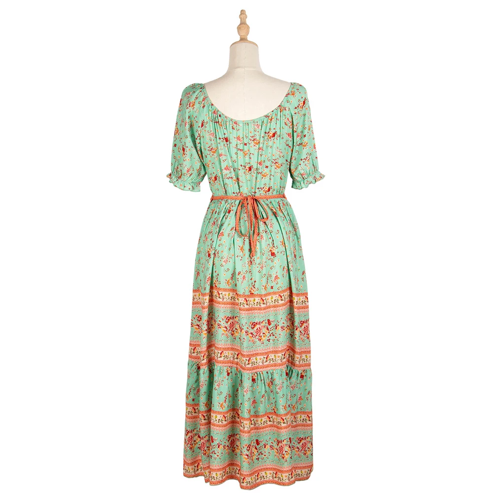 

Bohemian Print Maxi Dress Women Short Sleeve Backless Sexy Beach Dresses Woman High Waist Boho Dress Sumer Vestido De Mujer