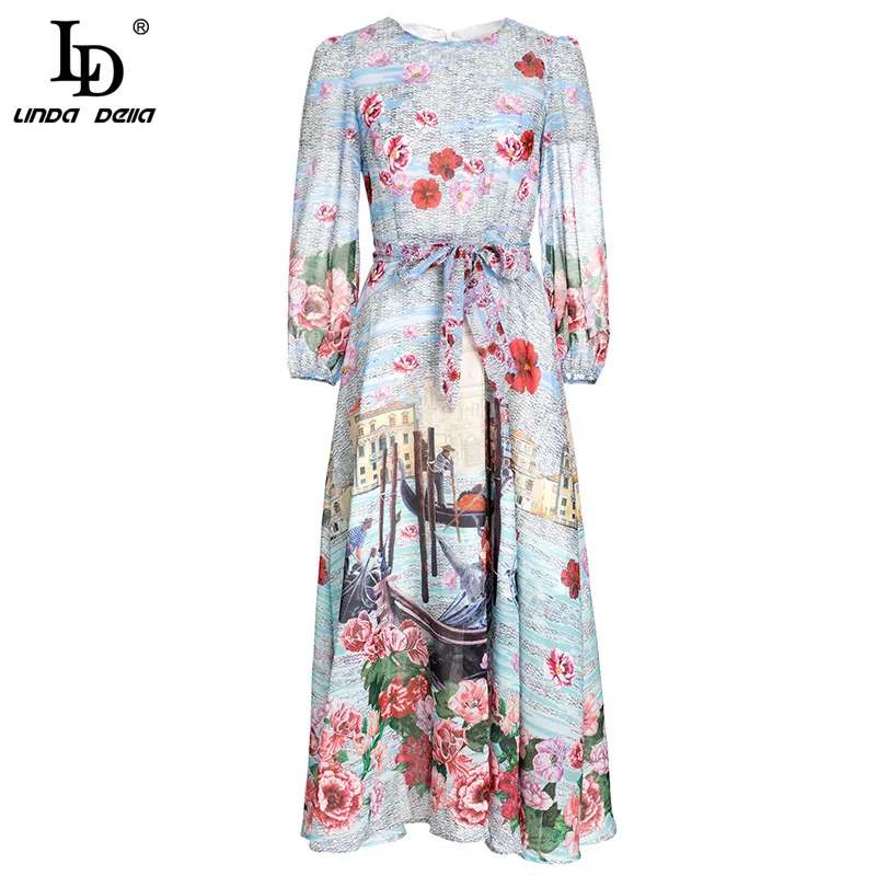 

LD LINDA DELLA модное дизайнерское весеннее платье для женщин с рукавом-фонариком и поясом с цветочным принтом элегантное платье миди для отпуска