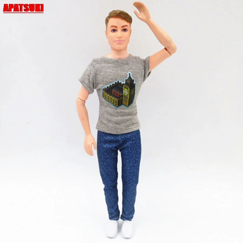 Серая Повседневная рубашка длинные голубые джинсы брюки одежда для Кен куклы