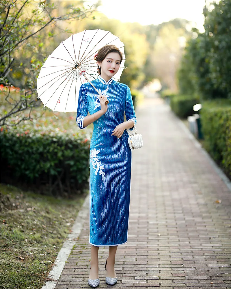 Синее бархатное платье-Ципао с блестками женское платье рукавом средней длины