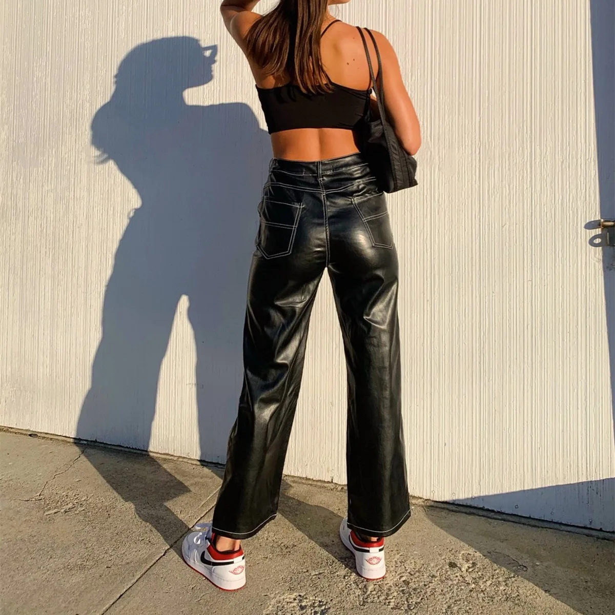 Женские кожаные брюки из ПУ кожи с завышенной талией