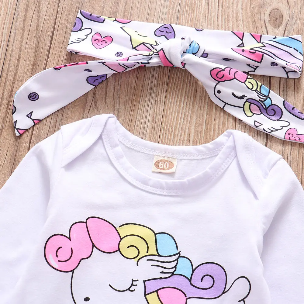 4Pcs Newborn Infant Baby Girls Clothes Set Long Sleeve Cotton Romper+Pegasus Star Castle Pants+Headband+Hat Toddler Clothing