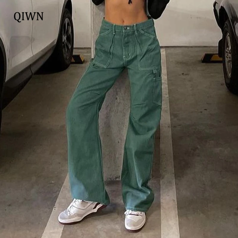 

Green Women Cargo Jeans Baggy Big Pockets Aesthetic Trousers High Waisted Zipper Fashion Hot Mom Jeans Female Retro