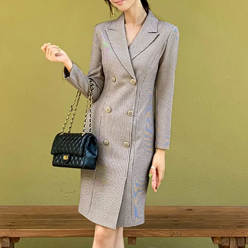 Элегантный осенне-весенний женский офисный костюм платья длинный Блейзер платье