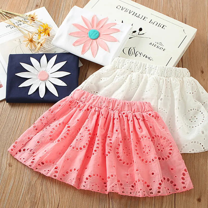 2022 Summer 3 4 5 6 7 8 9 10 Years Princess Elegant Lace Embroidery Floral T-Shirt+Hollow Out Skirt 2 Piece Sets For Kids Girl |