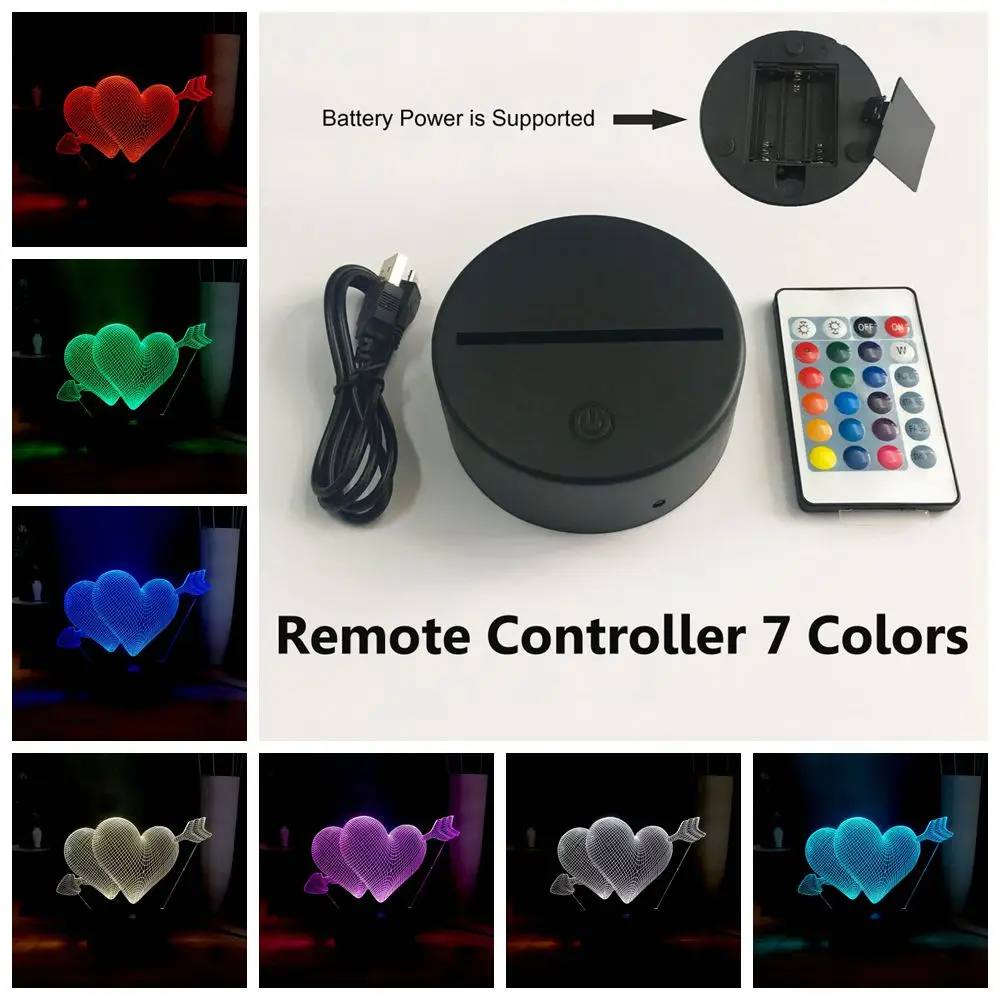 USB Remote 7 colors Романтическая 3D любовь стрелка через сердце светодиодный 7 красочная настольная лампа Свадебная атмосферная лампа USB мини прикроватная лампа подарок подруге - Испускаемый цвет: USB Remote 7 colors